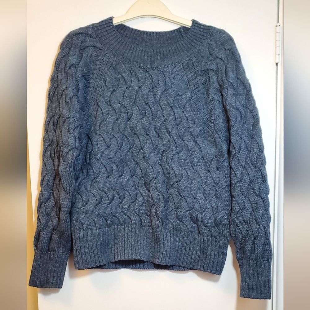 Small Gap Navy Heather Organic Cable Knit Sweater - Blue Long Sleeve Textured